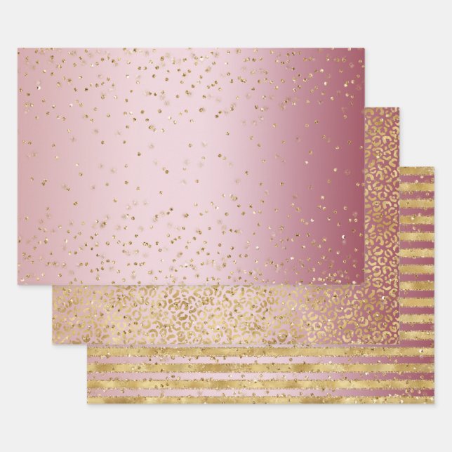 Pink Ombre Gold Glitz Sparkle Stripes Leopard    Wrapping Paper Sheet (Set)