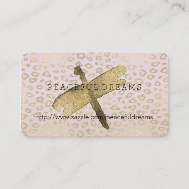 Pink Ombre Gold Leopard Print Dragonfly Business Card (Front)