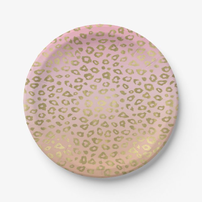 Pink Ombre Gold Leopard Print Paper Plate (Front)