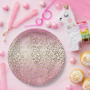 Pink Ombre Gold Leopard Print      Paper Plate