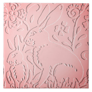 Pink Ombre Rabbit Woodland Embossed Floral Nature Tile