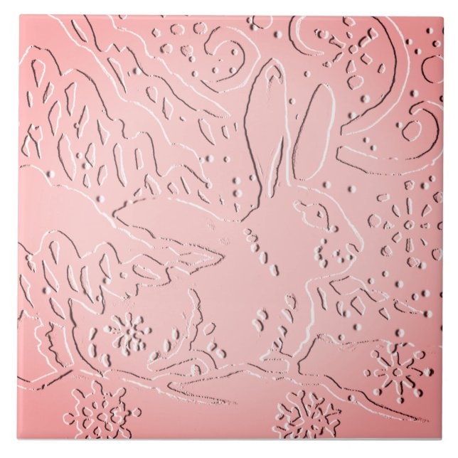 Pink Ombre Rabbit Woodland Embossed Snow Pine Tree Tile (Front)