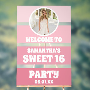 Pink Ombre Stripes Photo Sweet 16 Welcome Frosted Acrylic Sign