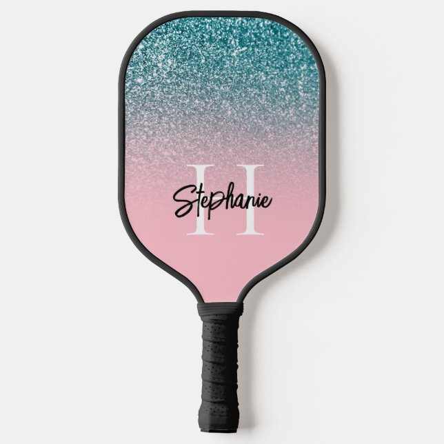 Pink Ombre Teal Glitter Monogram Pickleball Paddle (Back)