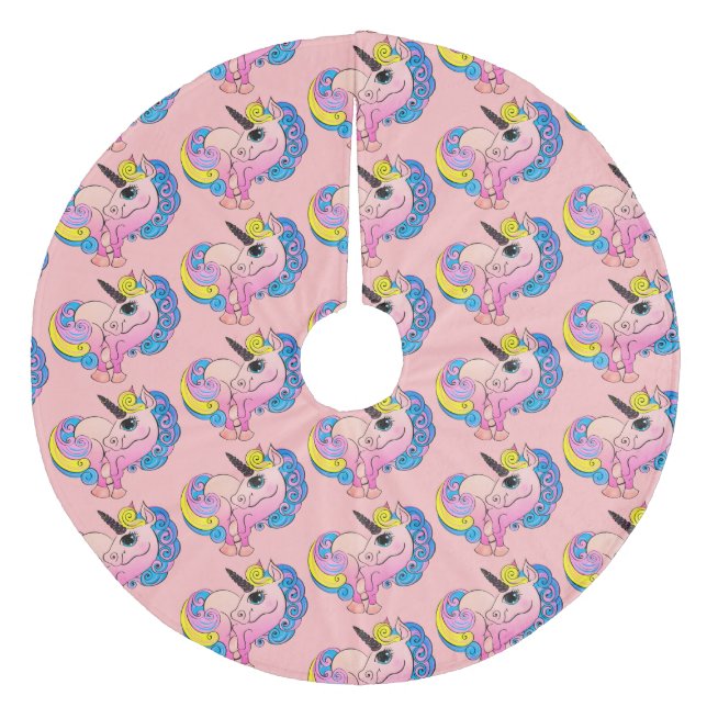 Pink Ombre Unicorn Rainbow Hair Fleece Tree Skirt (Front)