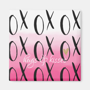 Pink Ombre Watercolor Black XOXO Heart Magnet