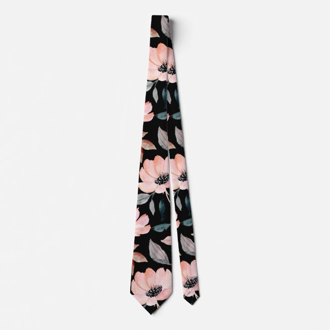 Pink on Black Greenery Watercolor Floral Pattern Tie (Front)