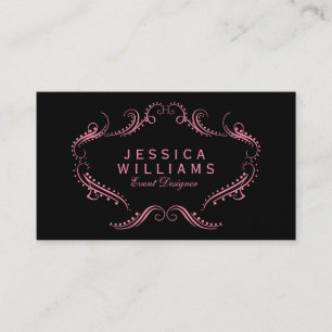 Pink On Black Ornate Floral Frame Business Card
