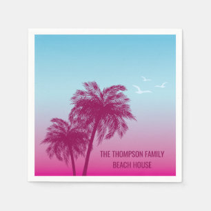 Pink On Blue Palm Tree Silhouettes Tropical Summer Napkin