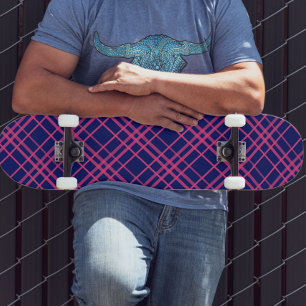 Pink On Blue Plaid Lines Design  Skateboard
