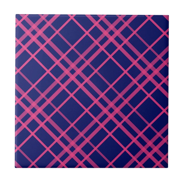 Pink On Blue Plaid Lines Design  Tile (Front)
