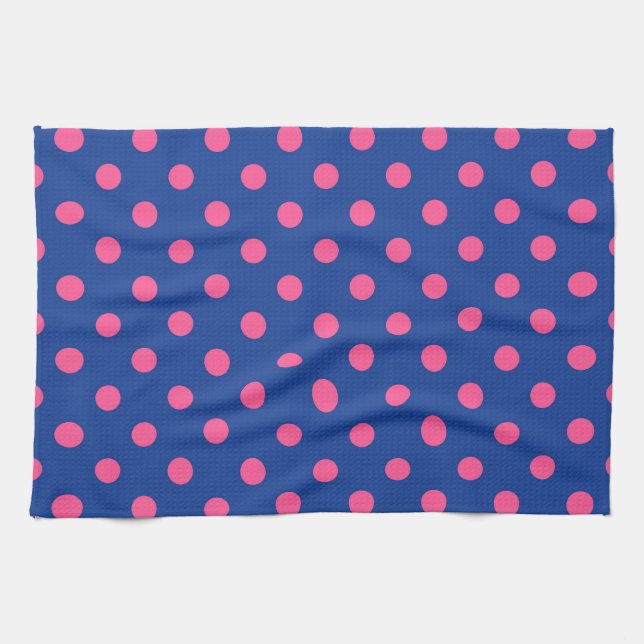 Pink On Blue Polka Dots Pattern Design Kitchen Towel (Horizontal)