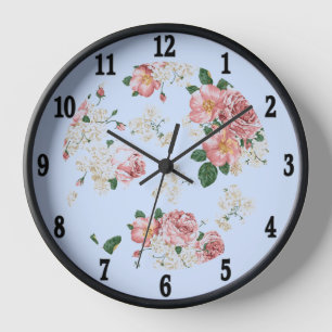 Pink on Blue Vintage Floral  Large Clock