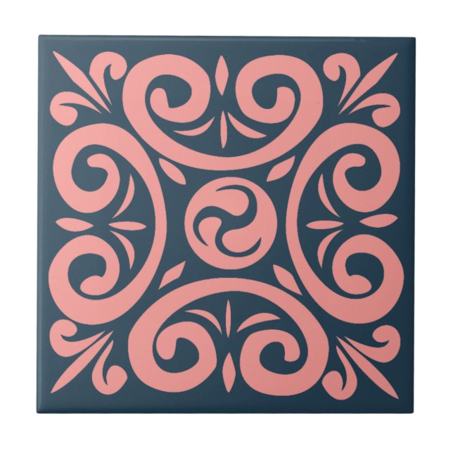 Pink on dark Blue Intricate pattern Ceramic Tile (Front)