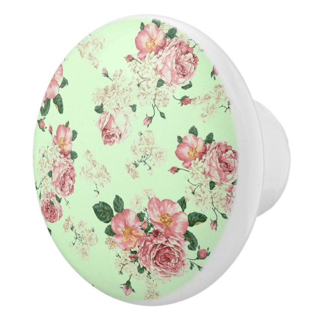Pink on Green Vintage Floral Ceramic Knob (Right)