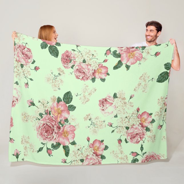 Pink on Green Vintage Floral Fleece Blanket (In Situ)