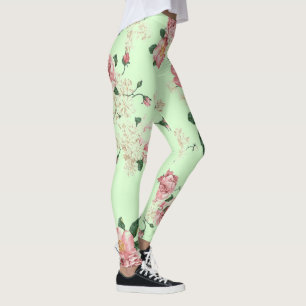 Pink on Green Vintage Floral Leggings