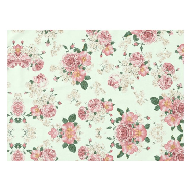 Pink on Green Vintage Floral Tablecloth (Front (Horizontal))