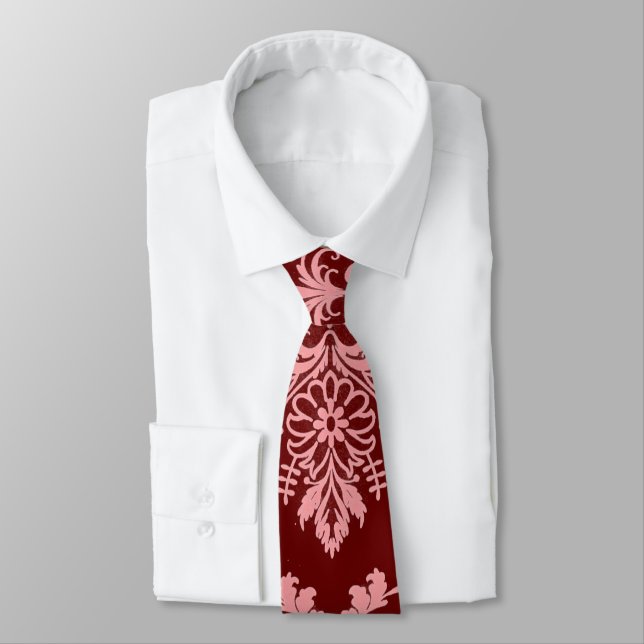 Pink on Maroon Damask Tie (Tied)