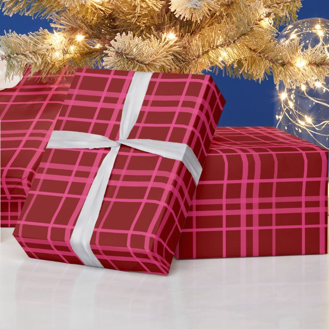 Pink On Maroon Red Tartan Plaid Pattern Design  Wrapping Paper (Creator Uploaded)