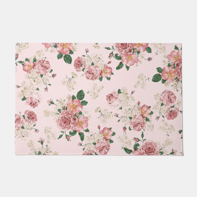 Pink on Pink Vintage Floral  Doormat (Front)