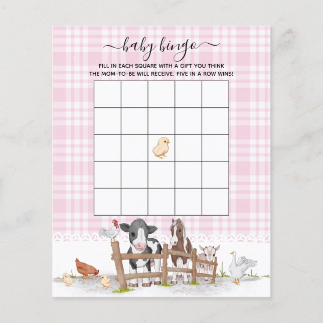 Pink On The Farm Animals Baby Shower Bingo Game (Front)