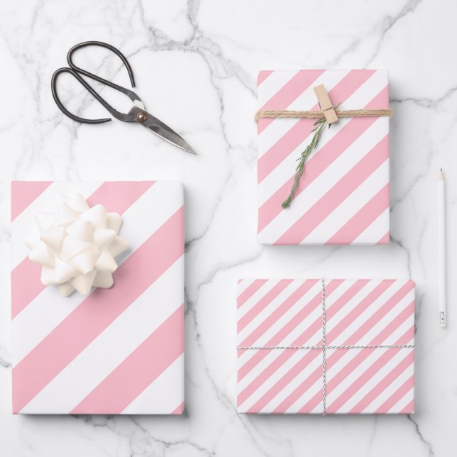 Pink on White Different Sizes Diagonal Stripes Wrapping Paper Sheet (Front)