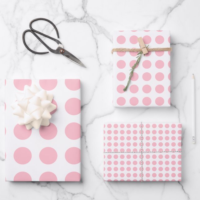 Pink on White Different Sizes Horiz. Polka Dots Wrapping Paper Sheet (Front)
