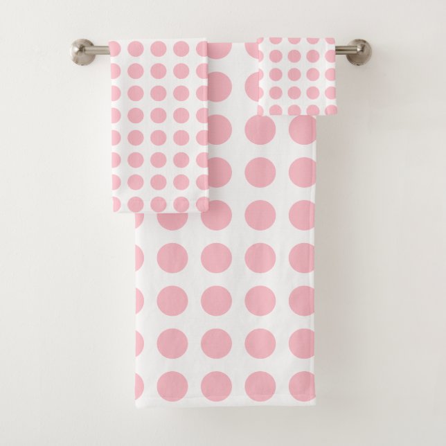 Pink on White Large Size Horizontal Polka Dots Bath Towel Set (Insitu)