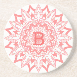 Pink on white mandala monogram coaster