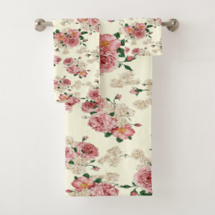 Pink on Yellow Vintage Floral Bath Towel Set