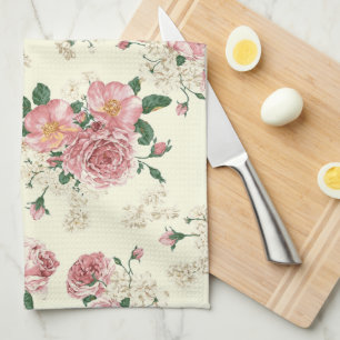 Pink on Yellow Vintage Floral Kitchen Towel