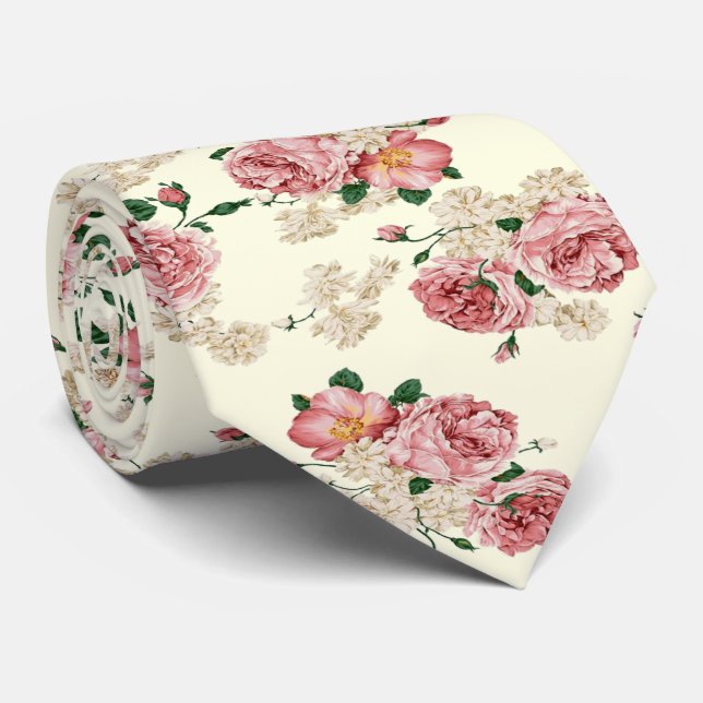 Pink on Yellow Vintage Floral  Tie (Rolled)