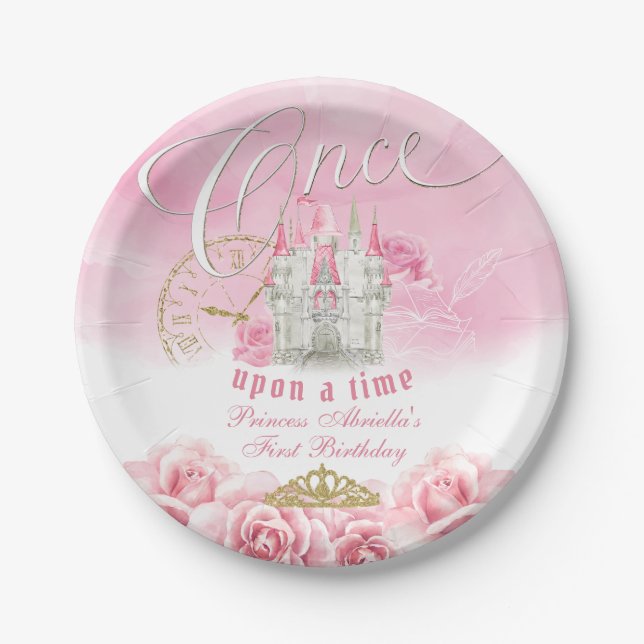 Pink Once Upon a Time Princess Birthday Paper Plate (Front)