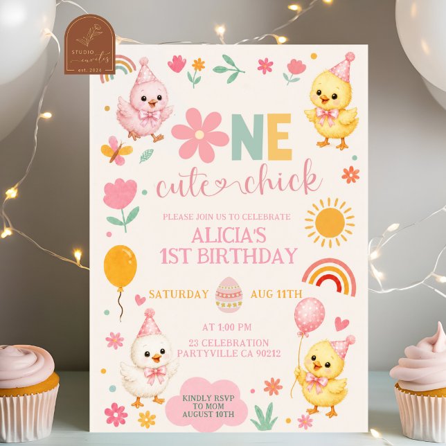 Pink One Cute Chick 1st Birthday Invitation (Creator Uploaded)