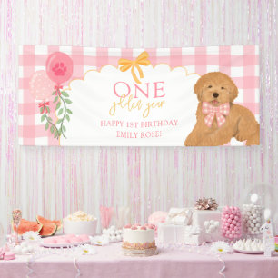 Pink One Golden Year Doodle Puppy 1st Birthday Banner