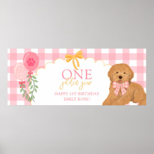 Pink One Golden Year Doodle Puppy 1st Birthday Poster