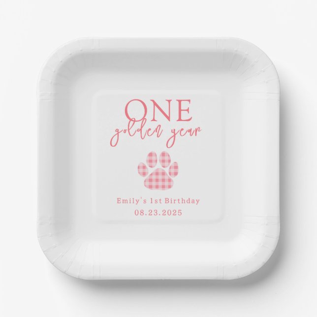 Pink One Golden Year Retriever Birthday Paper Plate (Front)