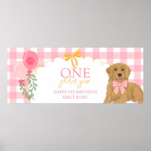 Pink One Golden Year Retriever Puppy 1st Birthday Poster