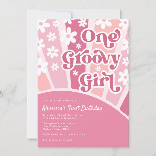 Pink One Groovy Girl Retro Rainbow Photo Birthday  Invitation (Front)