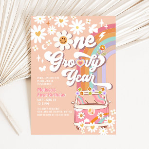 Pink One Groovy Year Daisy Rainbow 1st Birthday Invitation