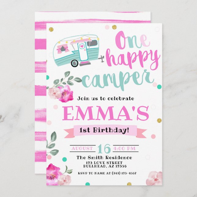 Pink One Happy Camper Watercolor 1st Birthday Invitation (Front/Back)