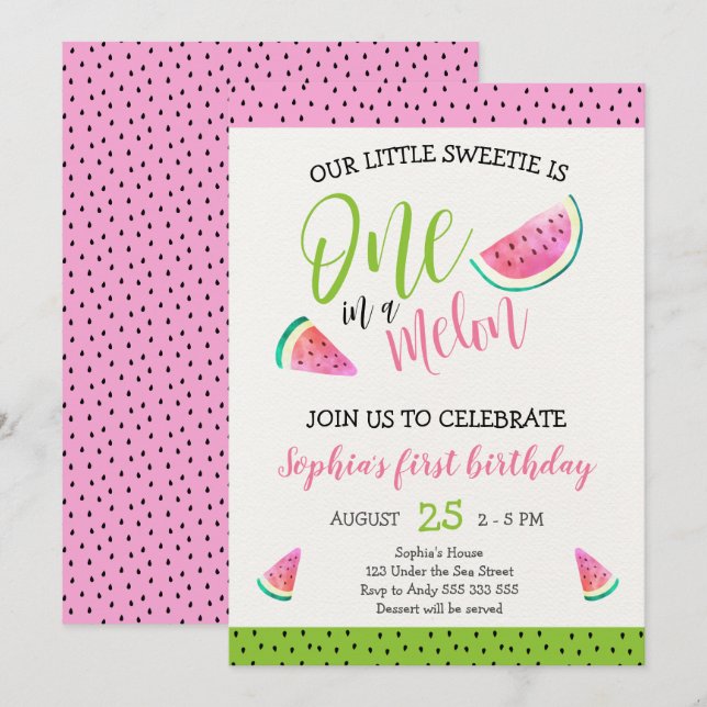 Pink One in a Melon Girl 1st Birthday Cute Invitation (Front/Back)