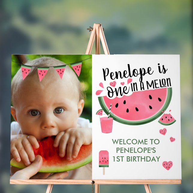 Pink One In A Melon Photo Girl's 1st Birthday  Acrylic Sign (Neutral)