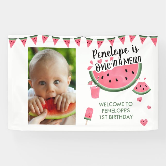Pink One In A Melon Photo Girl's 1st Birthday  Banner (Horizontal)