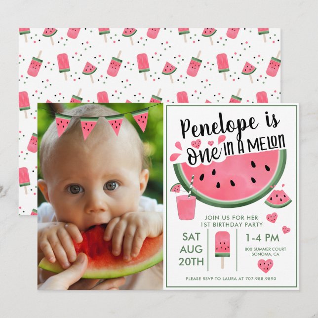 Pink One In A Melon Photo Girl's 1st Birthday  Invitation (Front/Back)