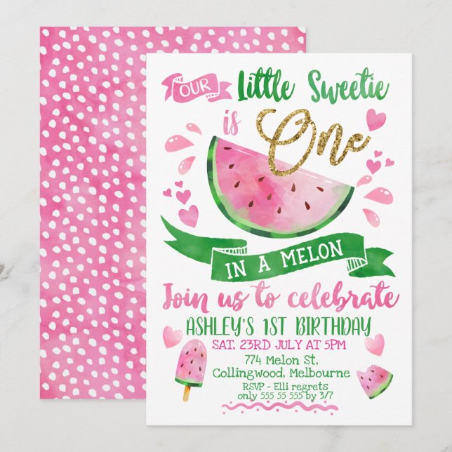 Pink One In A Melon Themed 1st Birthday Invitation (Front/Back)