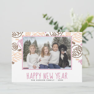 Pink One Line Shapes Pattern Photo New Year Holiday Card