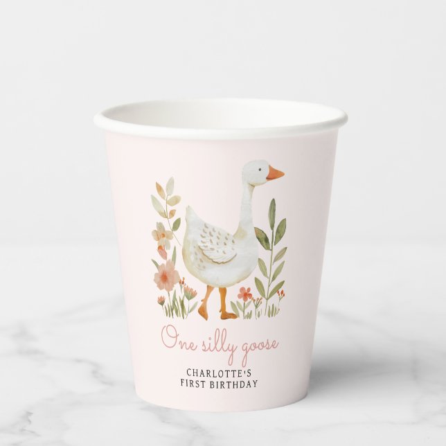 Pink One Silly Goose Birthday Paper Cups (Front)