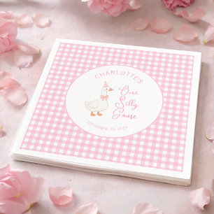 Pink One Silly Goose Gingham Rustic First Birthday Napkin